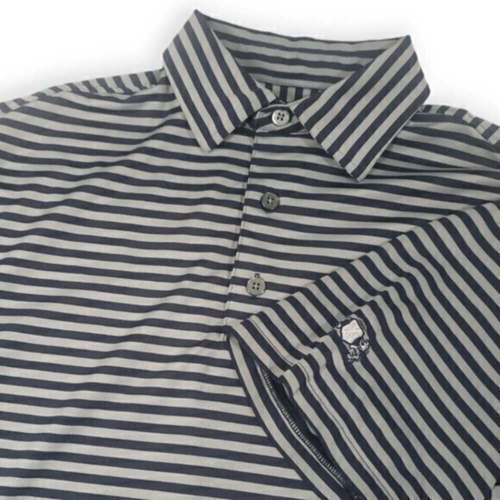 FootJoy Men's Medium Navy Blue, Grey Striped Golf Polo Club Embroidered